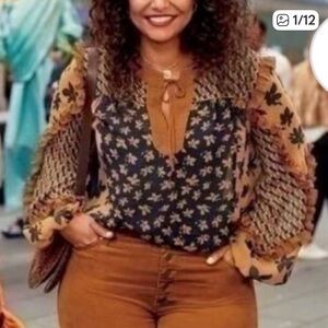 CAbi - Harmony Floral Blouse #3953 - Sheer Boho Top with Brown and Blue Accents